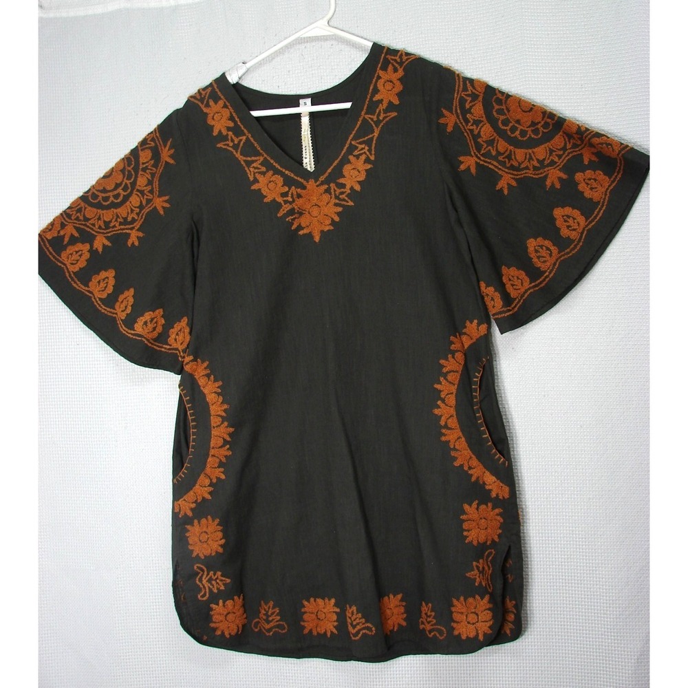 UNCLE FRANK Gray Orange Embroidered Crewel Flowers Boxy Sheath Small Dress Flaw